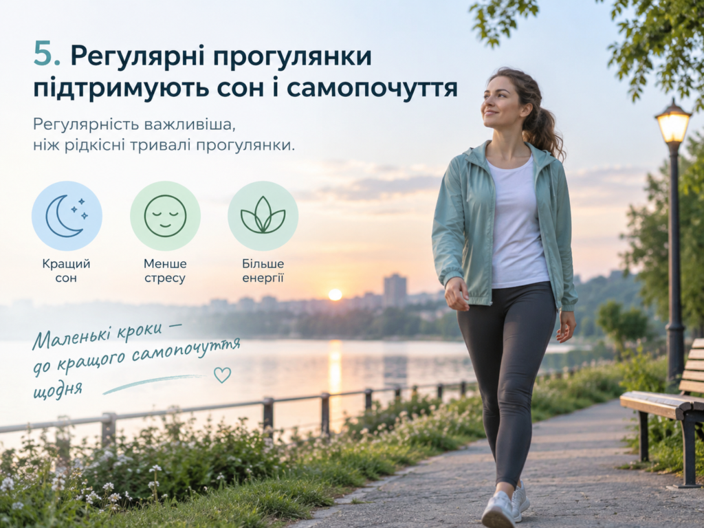 Жінка прогулюється на заході сонця біля озера, ілюстрація користі регулярних прогулянок для сну та загального самопочуття