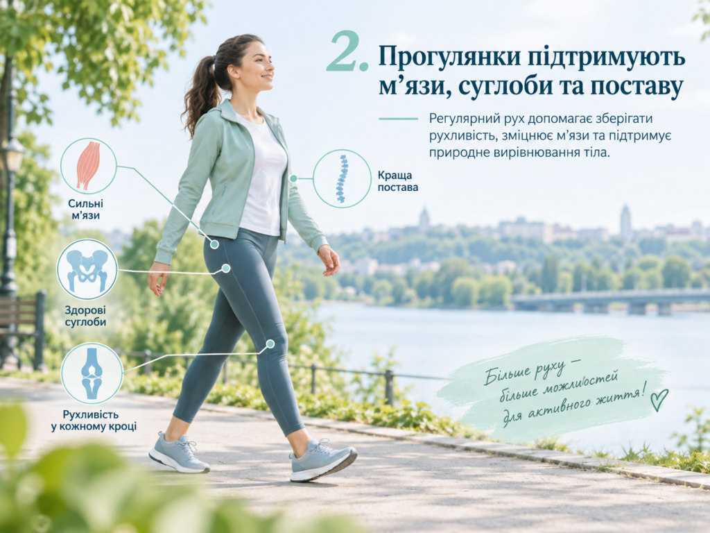 Жінка прогулюється на свіжому повітрі, ілюстрація користі ходьби для м’язів, суглобів і постави