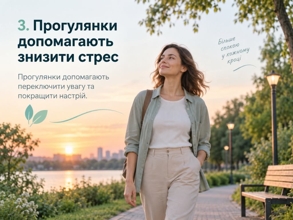 Жінка гуляє ввечері в парку біля води, ілюстрація позитивного впливу прогулянок на настрій і рівень стресу