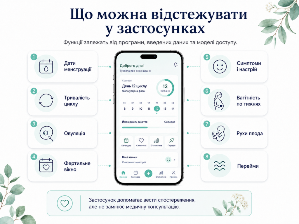 Застосунки для відстеження менструального циклу, овуляції, симптомів, вагітності, рухів плода та переймів