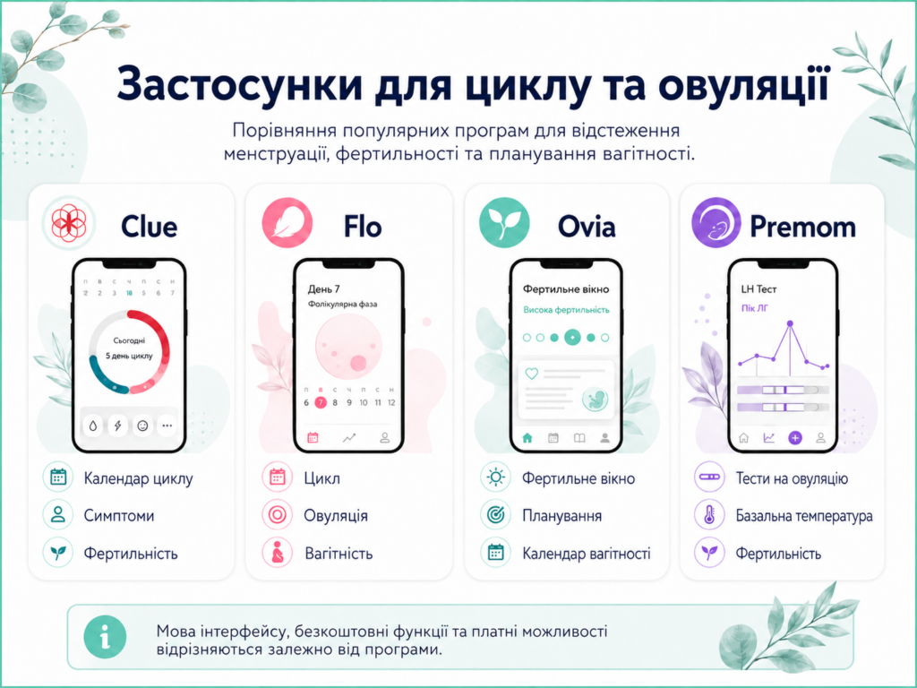 Порівняння застосунків Clue, Flo, Ovia та Premom для відстеження менструації, овуляції та фертильності