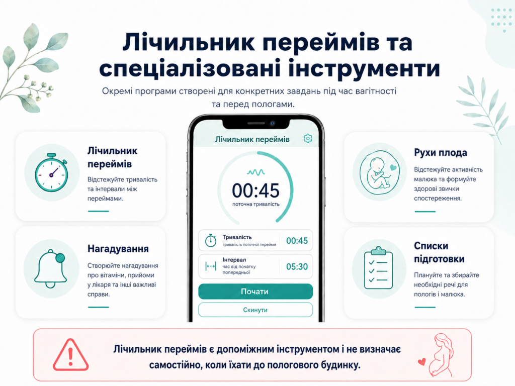 Лічильник переймів у застосунку для вагітних з відстеженням тривалості та інтервалів між переймами