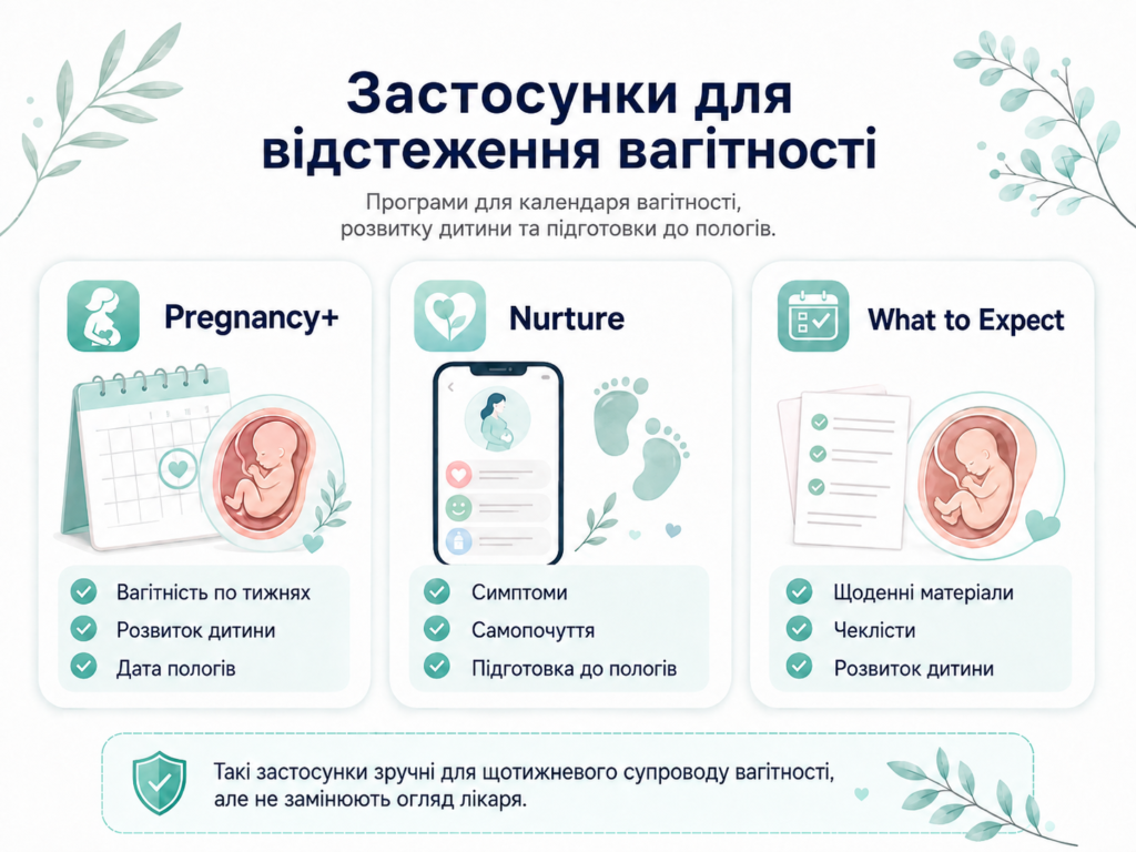 Застосунки Pregnancy+, Nurture та What to Expect для відстеження вагітності та розвитку дитини по тижнях