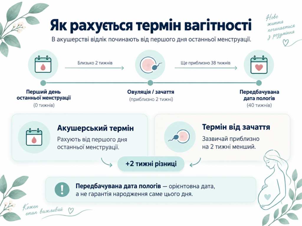 Як рахується акушерський термін вагітності від першого дня останньої менструації та чим він відрізняється від терміну від зачаття