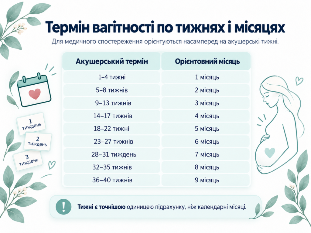 Таблиця відповідності акушерського терміну вагітності по тижнях і орієнтовних місяцях
