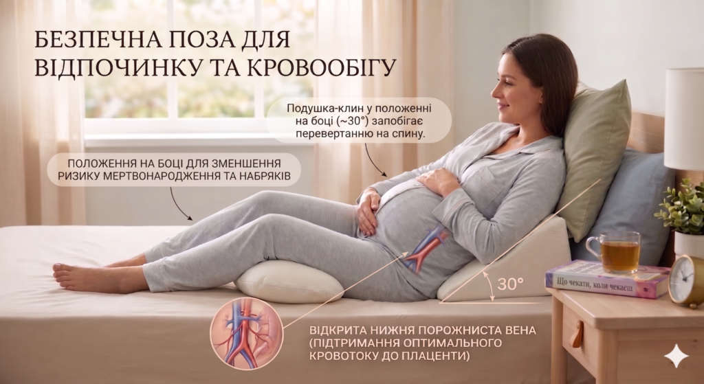 Анатомічне обґрунтування безпечної пози для відпочинку: використання нахилу в 30° для звільнення нижньої порожнистої вени та забезпечення стабільного кровопостачання плода.