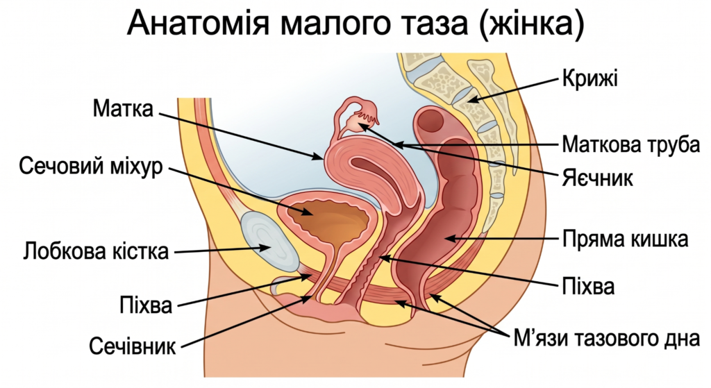 Схематичне зображення органів малого таза жінки.