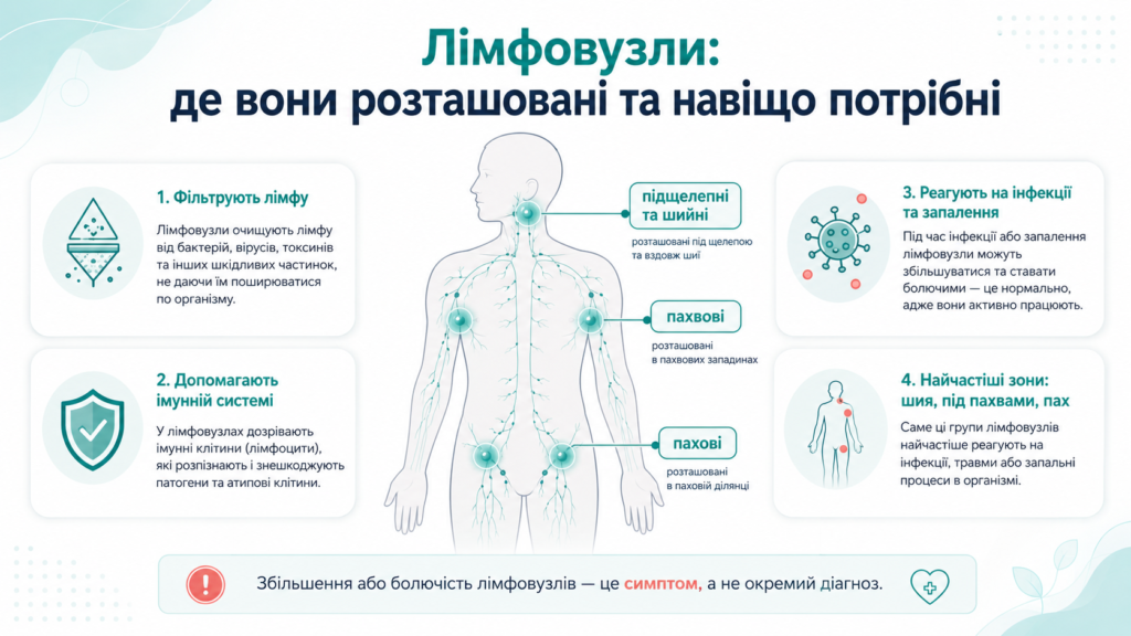 Лімфовузли: де розташовані шийні, пахвові та пахові вузли і яку функцію вони виконують