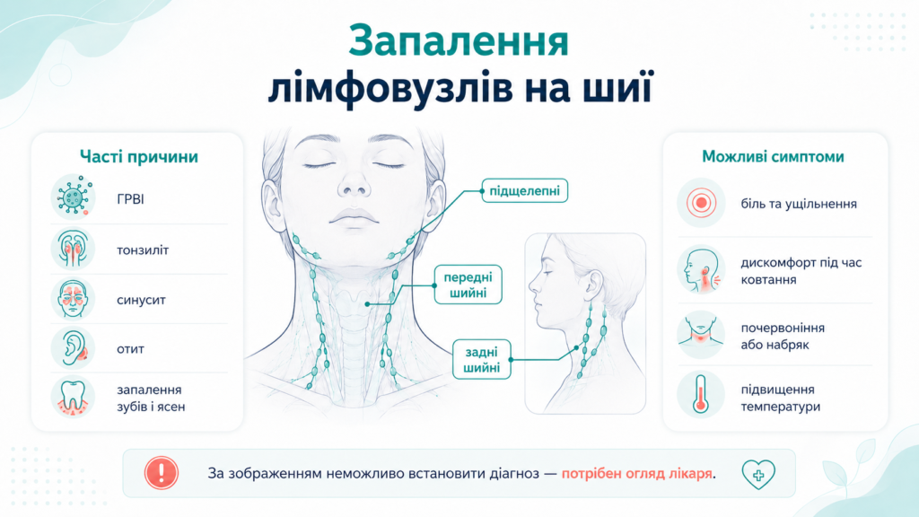 Розташування шийних лімфовузлів, часті причини та симптоми їх запалення