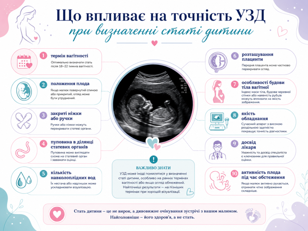 Що впливає на точність УЗД при визначенні статі дитини: термін вагітності, положення плода, пуповина, плацента та якість огляду