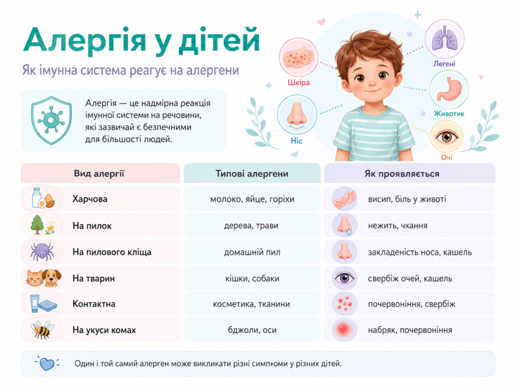 Алергія у дітей: види алергії, типові алергени та симптоми з боку шкіри, носа, очей, легень і травлення