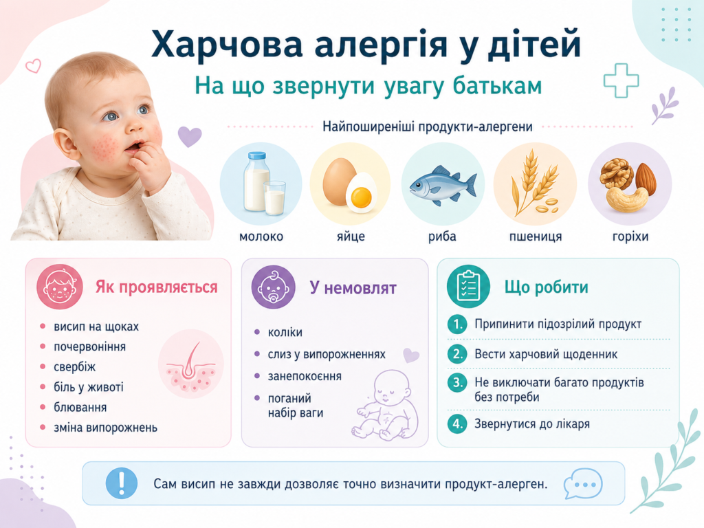 Харчова алергія у дітей: поширені продукти-алергени, висип на щоках, біль у животі та дії батьків