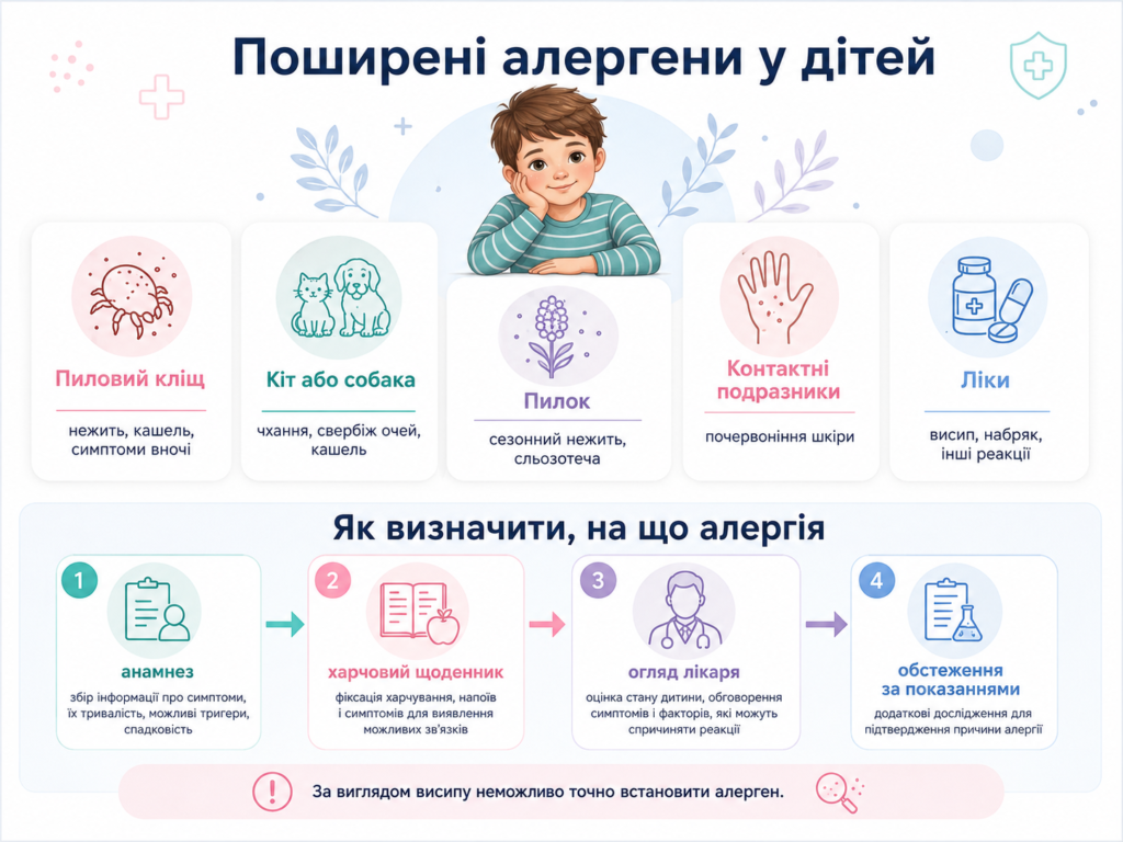 Поширені алергени у дітей: пиловий кліщ, пилок, тварини, ліки, контактні подразники та етапи визначення причини алергії