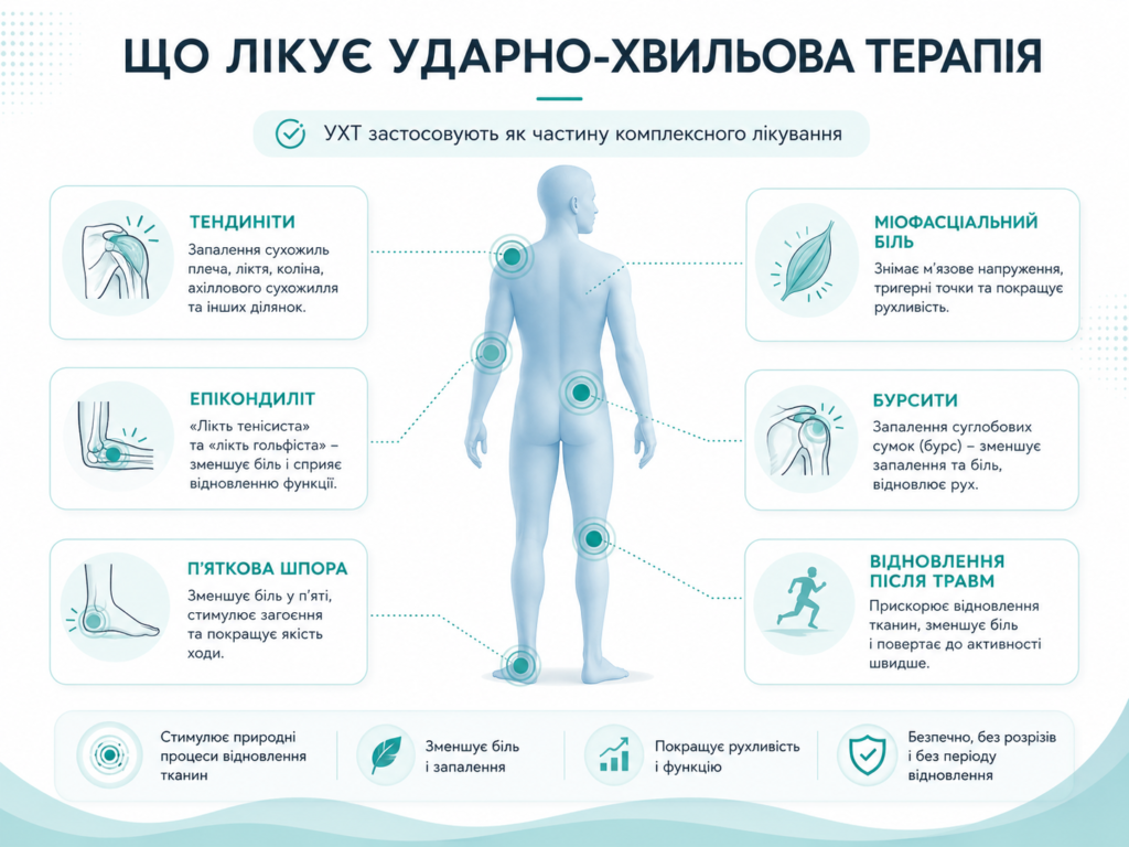 Що лікує ударно-хвильова терапія: тендиніти, епікондиліт, п’яткова шпора, бурсити, міофасціальний біль і відновлення після травм