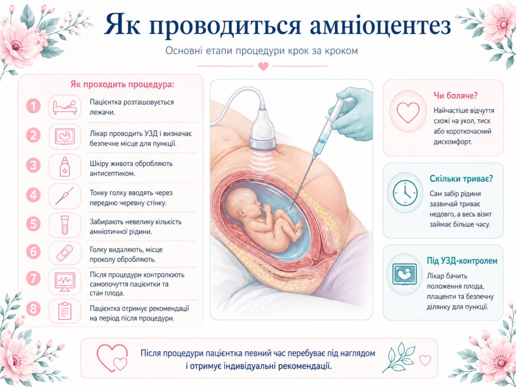 Як проводиться амніоцентез: основні етапи процедури, УЗД-контроль, відчуття під час забору і спостереження після нього