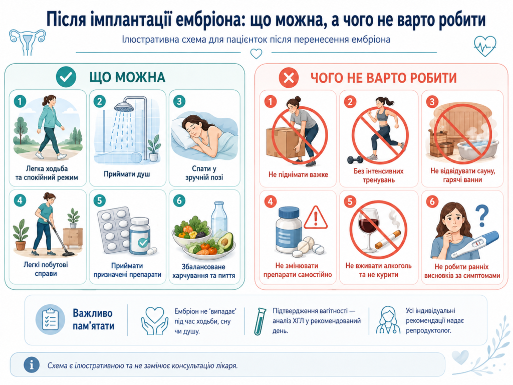 Інфографіка з рекомендаціями після імплантації ембріона