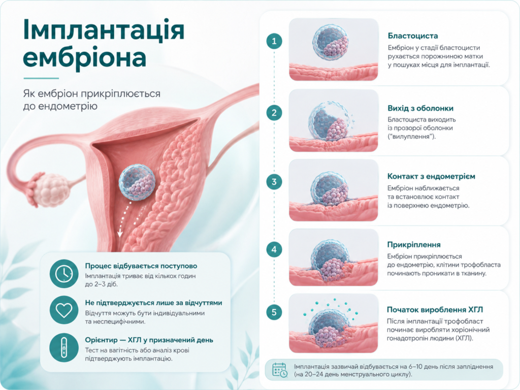 Імплантація ембріона: етапи прикріплення бластоцисти до ендометрію, занурення в слизову оболонку матки та початок вироблення ХГЛ