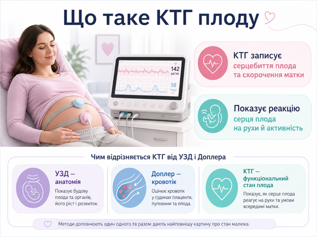 Що таке КТГ плоду: запис серцебиття дитини, скорочень матки та відмінності КТГ від УЗД і доплерометрії