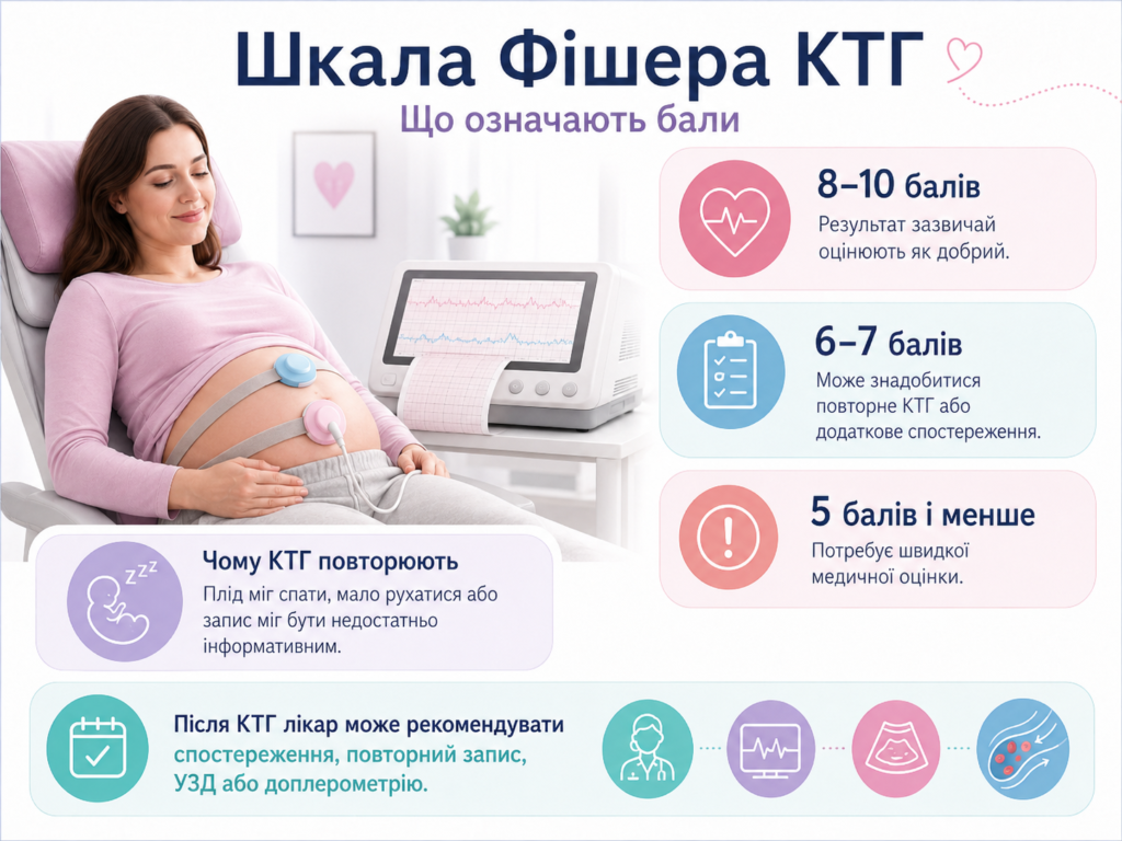 Шкала Фішера КТГ: що означають 8–10, 6–7 і 5 балів та коли може знадобитися повторне обстеження